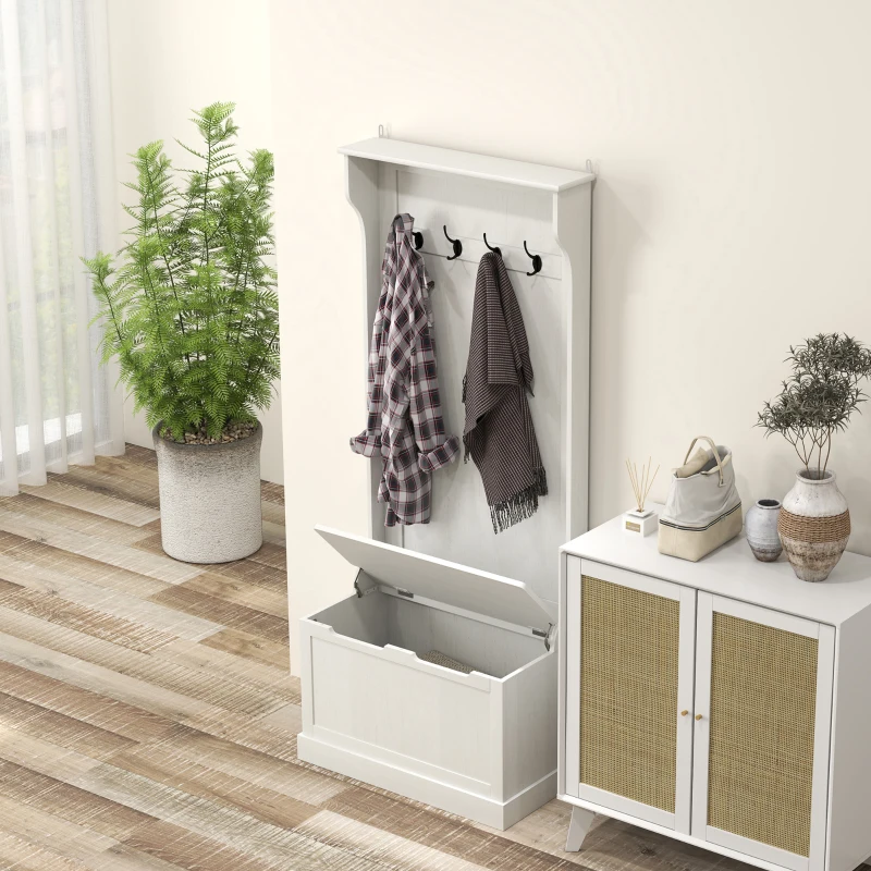 HOMCOM Hall Tree with Coat Rack, Storage, and Sitting Bench, Cream White