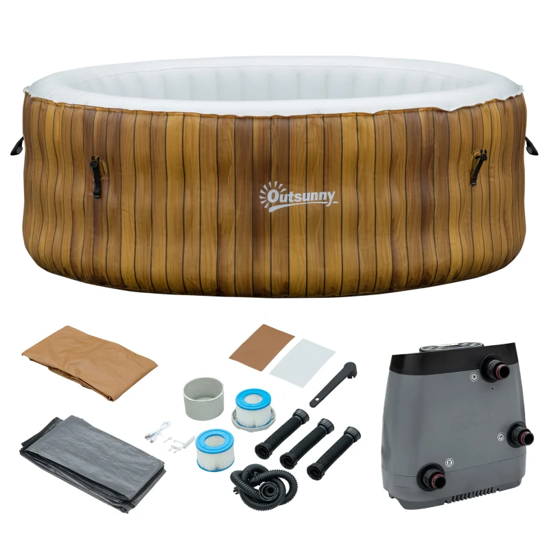 Outsunny 4 Person Inflatable Hot Tub, Outdoor Round Portable Spa with 108 Heated Air Jets, Cover, Pump, 2 Filter Cartridges, Faux Wood