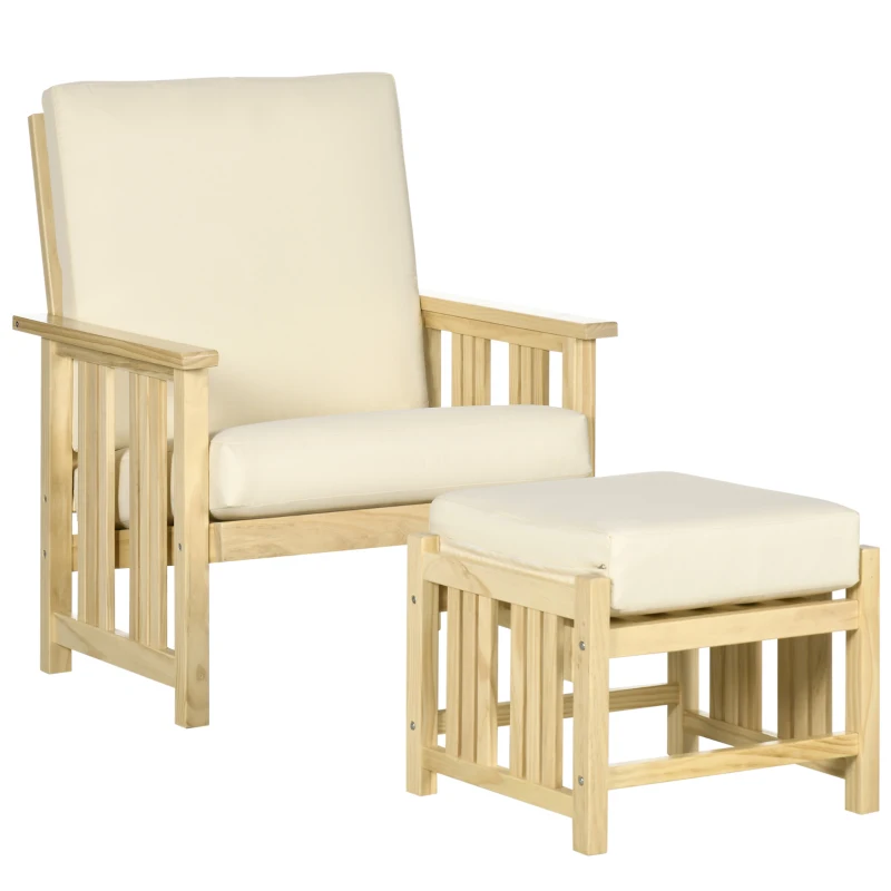 Outsunny Patio Furniture Set, Wood Outdoor Patio Chair with Ottoman, 2 Piece Cushioned Outdoor Lounge Chair with Footrest, Beige