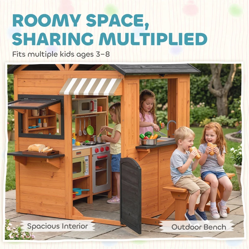 Qaba Wooden Kids Playhouse with Play Kitchen, Picnic Bench, Serving Station, Windows and Door for Backyard, Ages 3–8, Brown