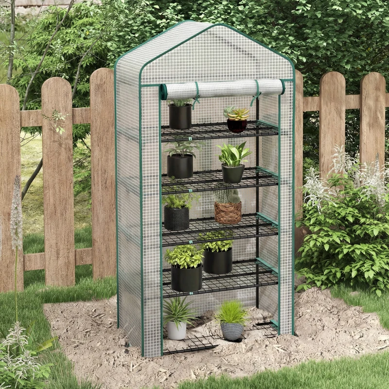 Outsunny 5 Tier Mini Greenhouse, Small Portable Greenhouse with PE Cover, Roll-Up Zippered Door, 76" x 35.4" x 19.3", White