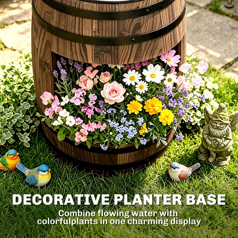 Outsunny 23" H Outdoor Water Fountain Wood and Plastic Rustic Apple Barrel Pump Garden Decor for Outside Backyard
