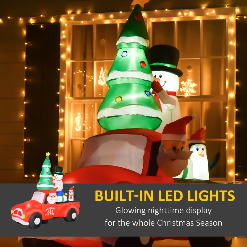 HOMCOM 7.5ft Christmas Inflatable Santa Claus Driving a Truck with Snowman, Penguin and Tree, Outdoor Blow-Up Yard Decoration with LED Lights Display