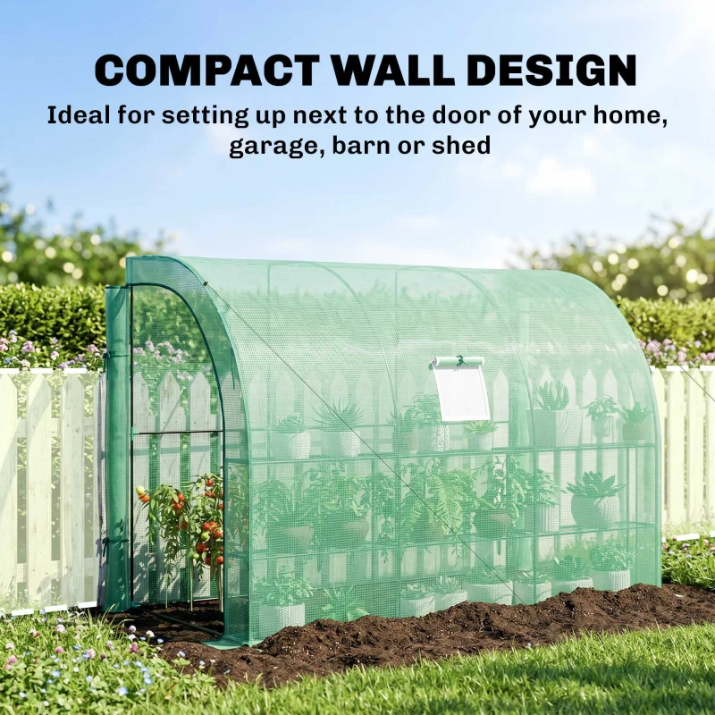 Outsunny 10' x 5' x 7' Lean to Greenhouse, Walk-In Green House, Plant Nursery with 2 Roll-up Doors and Windows, PE Cover and 3 Wire Shelves, Green(m-7)
