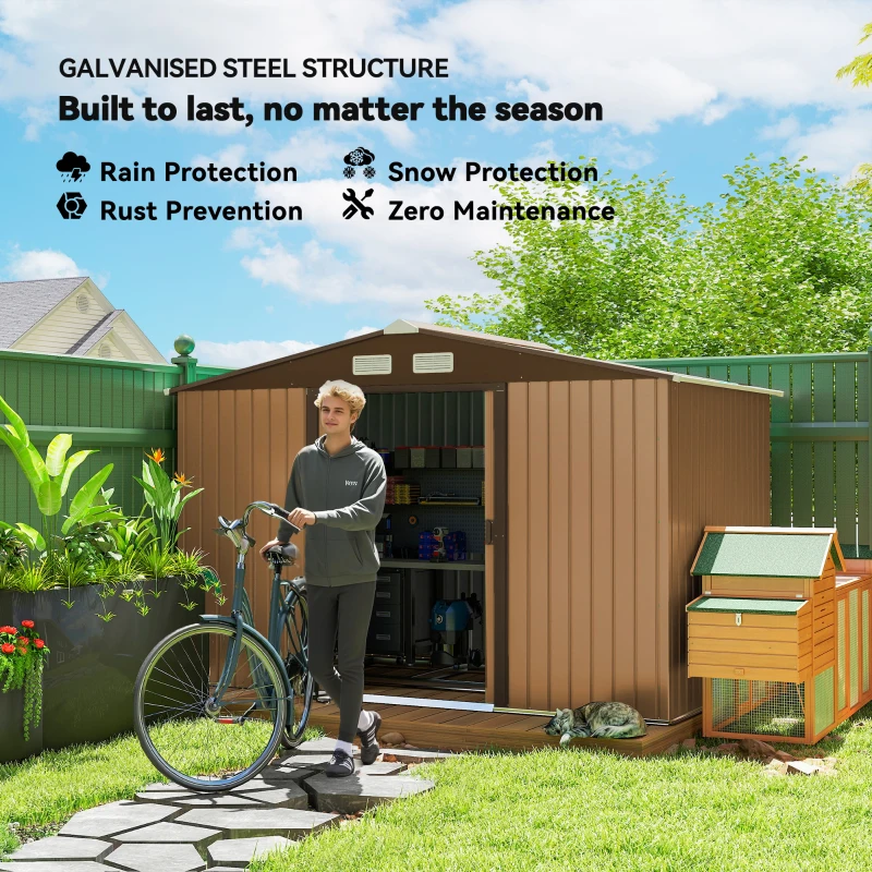 Outsunny 9' x 6' Outdoor Storage Shed, Garden Tool Metal Shed with Foundation Kit, Double Lockable Door, Yellow