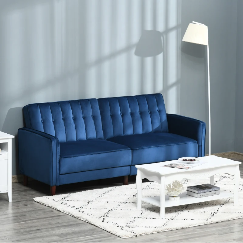 HOMCOM Convertible Sofa Sleeper Futon with Split Back Design Recline, Thick Padded Velvet-Touch Cushion Seating and Wood Legs, Blue