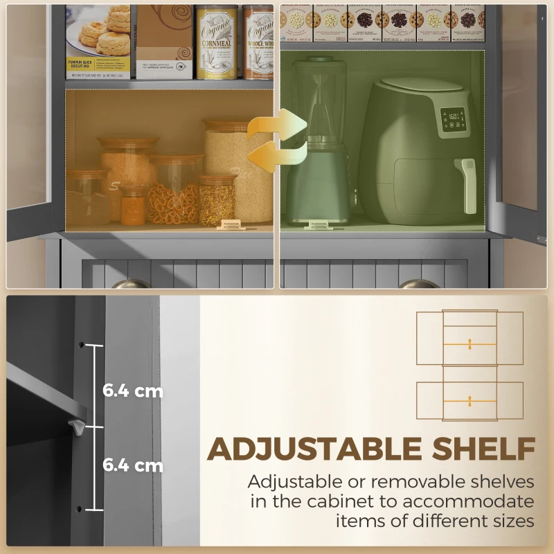HOMCOM 72" Freestanding Kitchen Pantry Cabinet, Tall Storage Cabinet with Glass Doors, Drawer and Adjustable Shelves for Dining Room, Grey