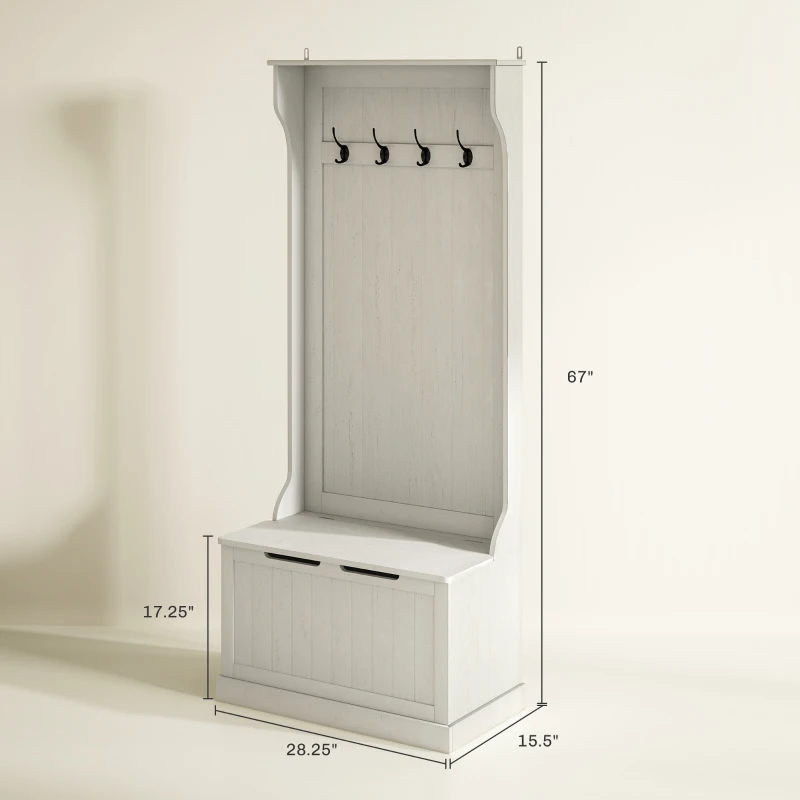 HOMCOM Hall Tree with Coat Rack, Storage, and Sitting Bench, Cream White