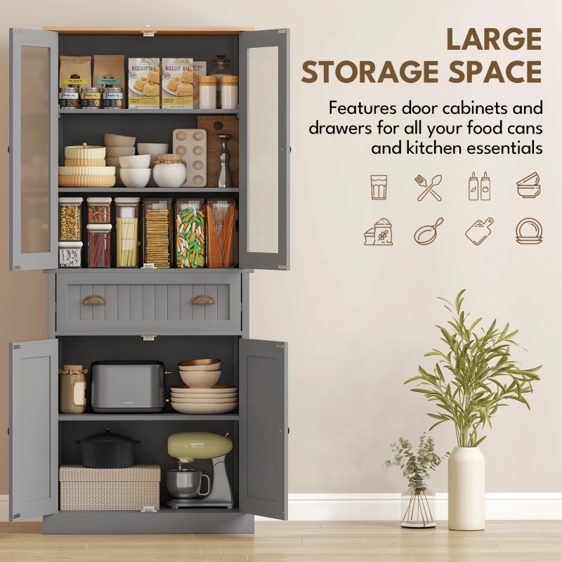 HOMCOM 72" Freestanding Kitchen Pantry Cabinet, Tall Storage Cabinet with Glass Doors, Drawer and Adjustable Shelves for Dining Room, Grey