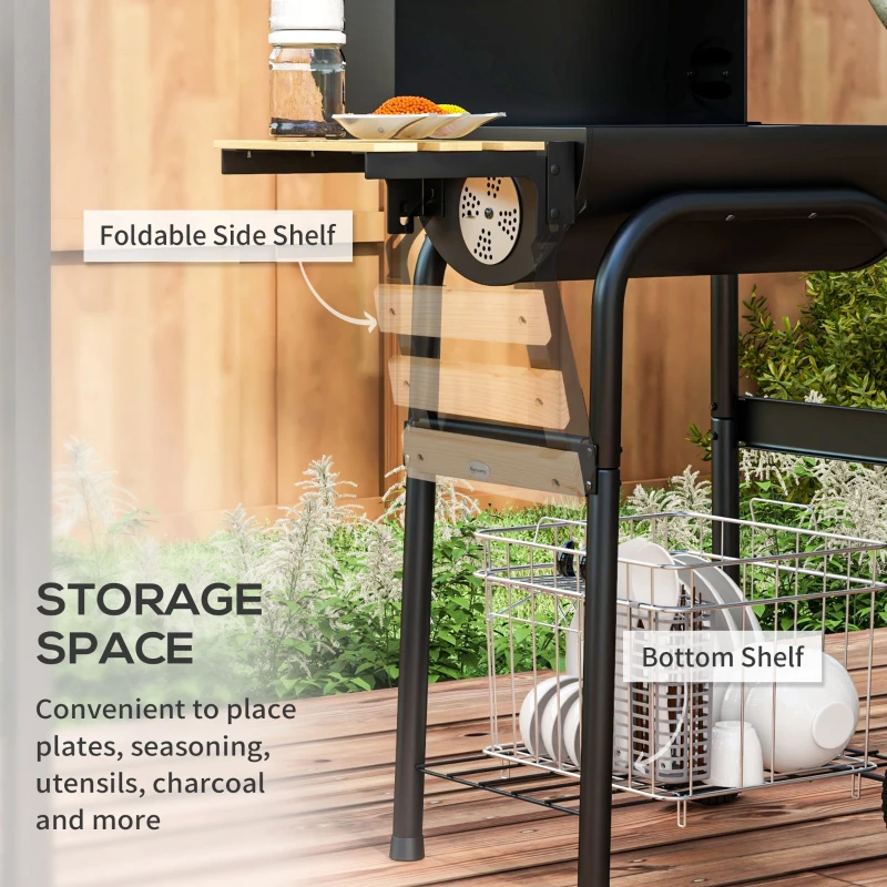 Outsunny Charcoal Barbecue Grill, BBQ with Thermometer, Shelves and Wheels, Black