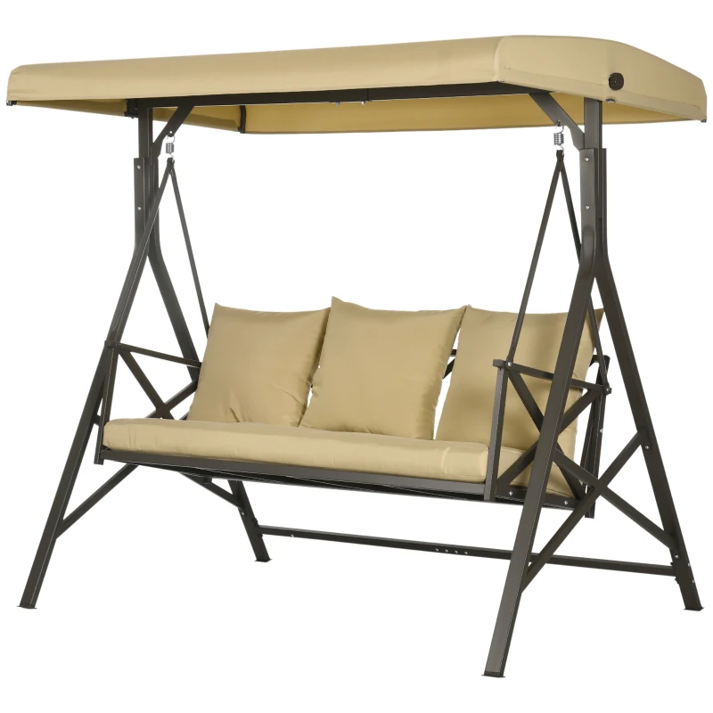 Outsunny 3-Seat Patio Swing Chair, Porch Swing Glider with Cushion, 3 Throw Pillows & Adjustable Canopy for Porch, Garden, Poolside, Backyard, Khaki
