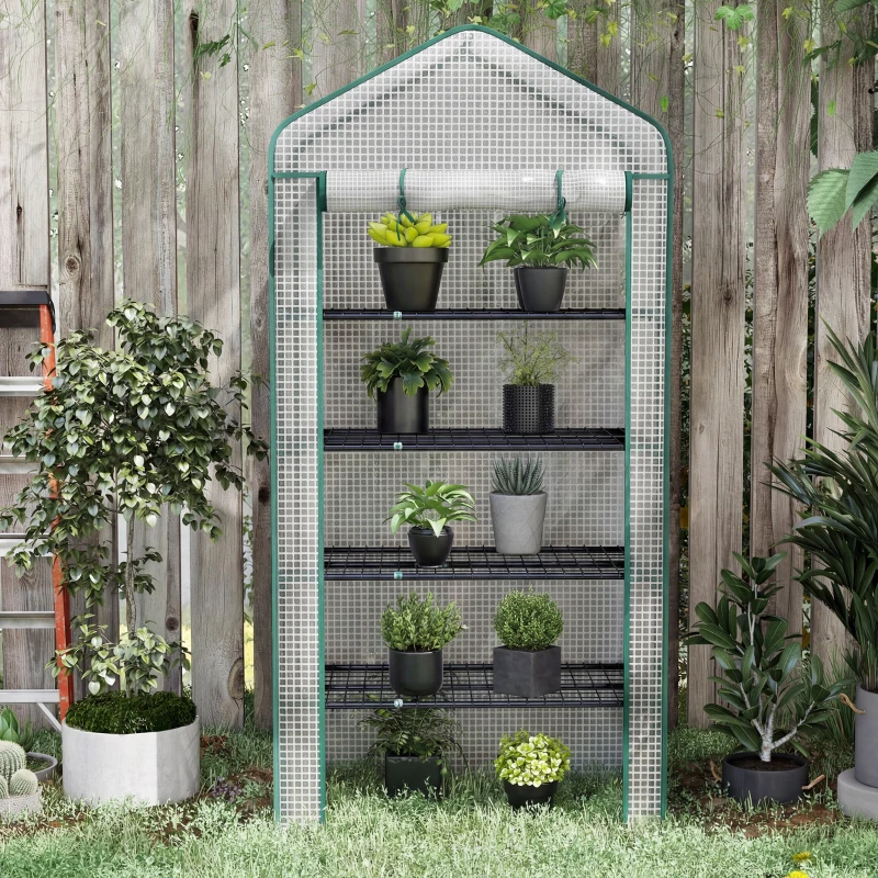 Outsunny 5 Tier Mini Greenhouse, Small Portable Greenhouse with PE Cover, Roll-Up Zippered Door, 76" x 35.4" x 19.3", White