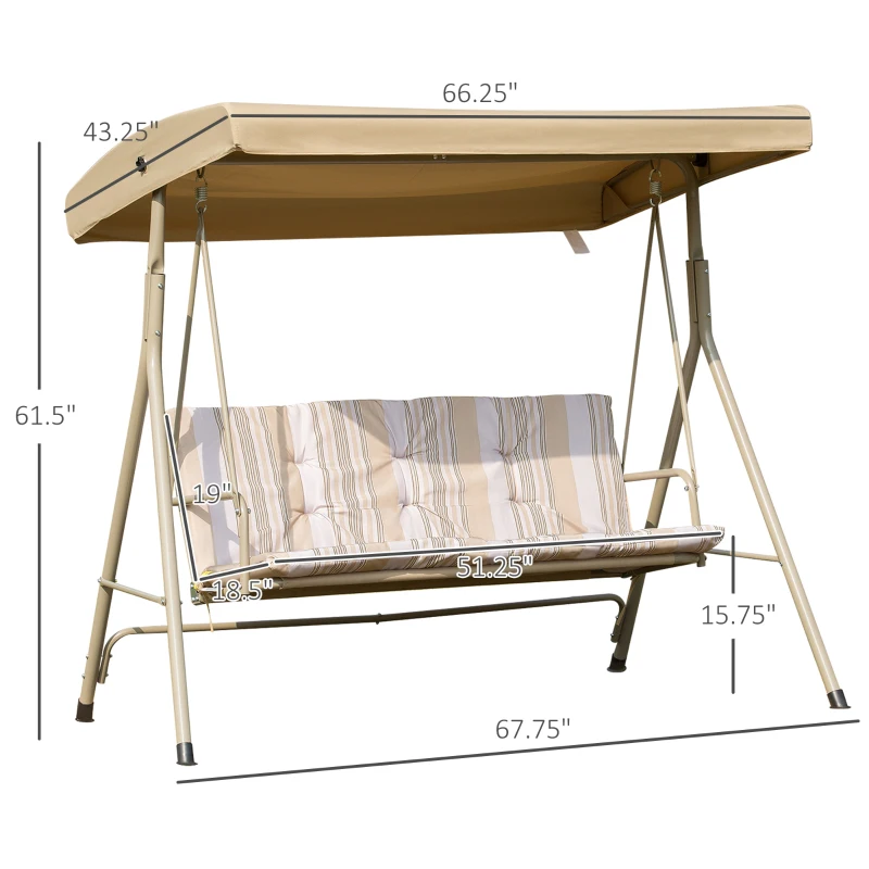 Outsunny 3-Seat Patio Swing Chair, Outdoor Canopy Swing Glider with Removable Cushion, Adjustable Shade and Weather Resistant Steel Frame, for Porch, Garden, Poolside, Backyard, Brown
