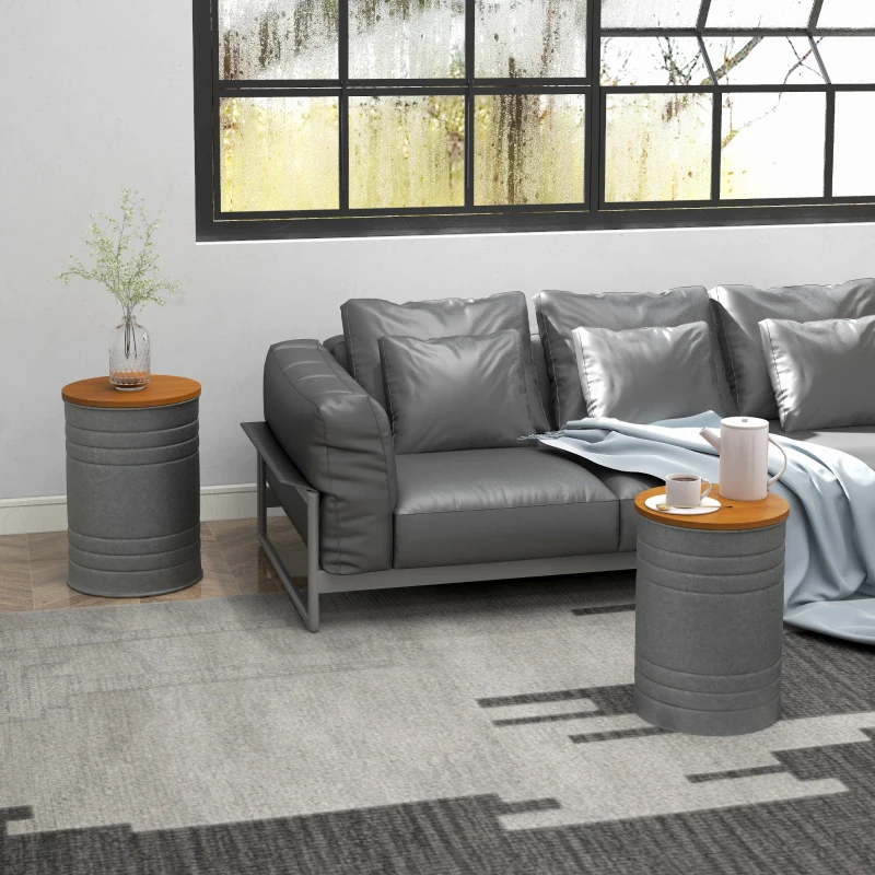 HOMCOM Round Side Table Set of 2, Nesting Coffee Tables w/ Wooden Lid, Galvanized Sheet Frame and Hidden Storage Space, Grey