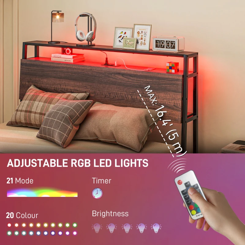 HOMCOM Full Size Bed Frame with LED Lights and Charging Station, Full Bed Frame with Storage Headboard, Noise-Free, Walnut
