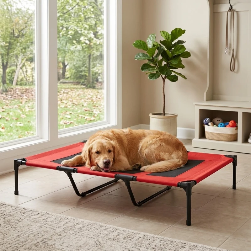 PawHut XL Elevated Dog Bed, Outdoor Raised Dog Bed, Portable Pet Cot w/Carry Bag Metal Frame Breathable Mesh Indoor and Outdoor Red