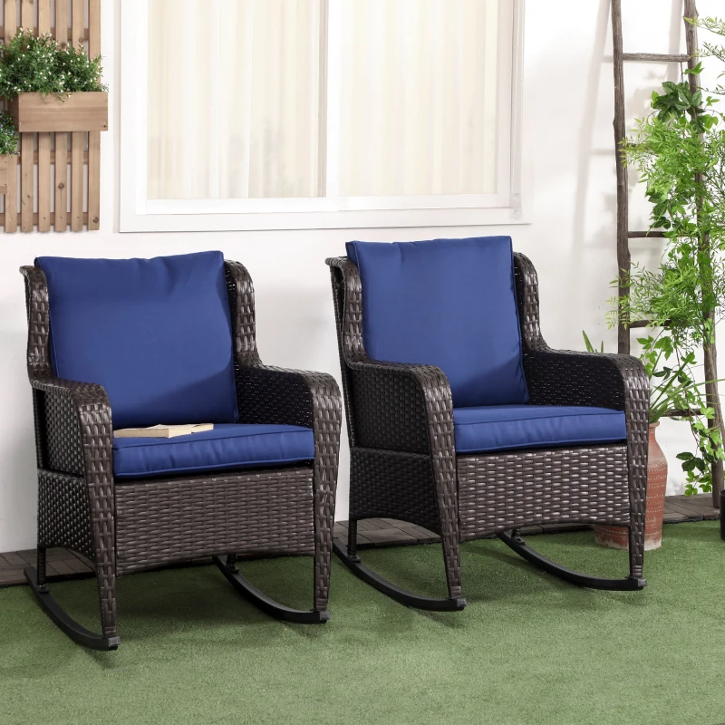 Outsunny 2 Piece Outdoor Wicker Rocking Chairs, Rattan Rockers with Cushions, Steel Frame for Patio, Garden, Backyard, Dark Blue
