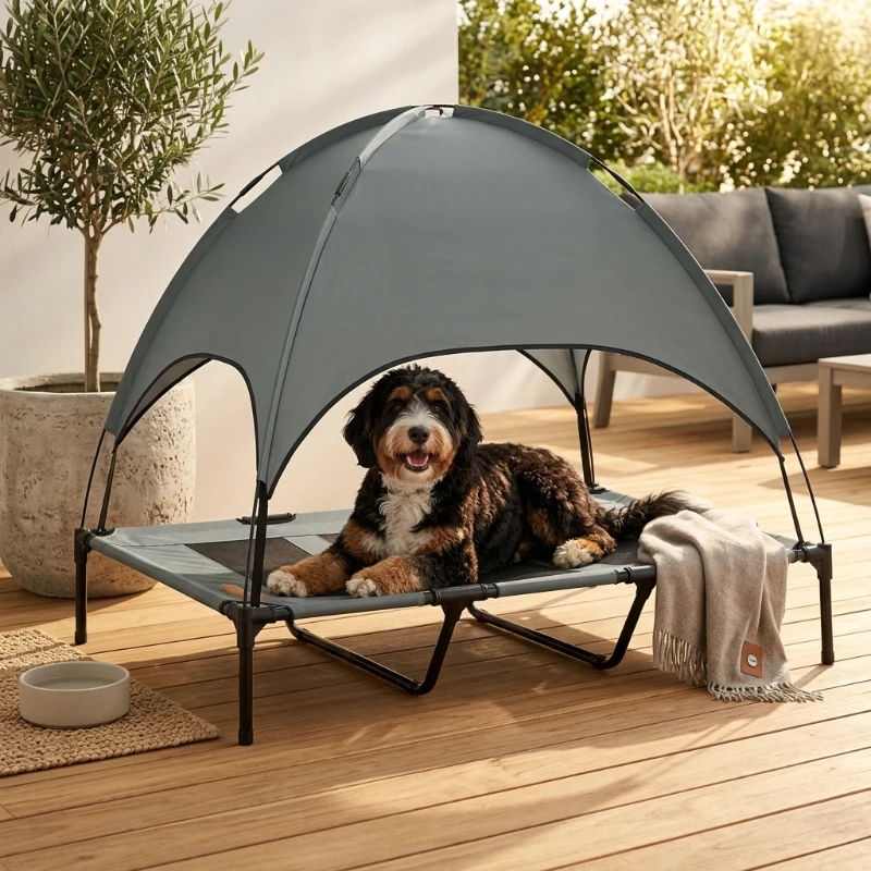 PawHut 48" x 36" Elevated Portable Dog Cot Cooling Pet Bed with UV Protection Canopy Shade