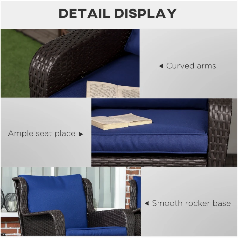 Outsunny 2 Piece Outdoor Wicker Rocking Chairs, Rattan Rockers with Cushions, Steel Frame for Patio, Garden, Backyard, Dark Blue