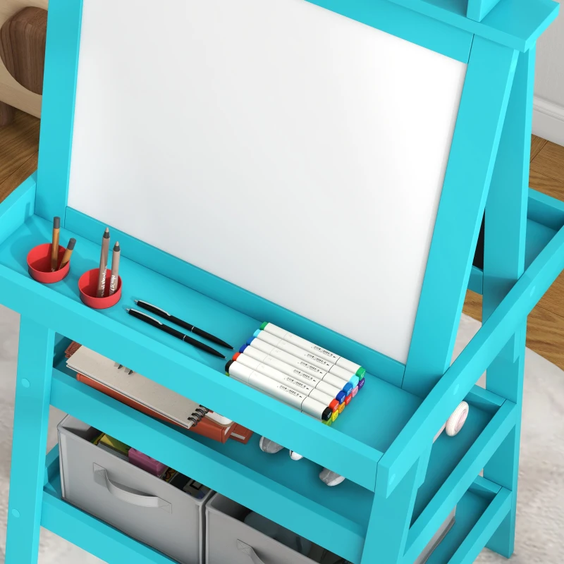 Qaba Double Sided Easel for Kids, Standing Toddler Easel with Paper Roll, Magnetic Whiteboard, Chalkboard & Storage, Blue