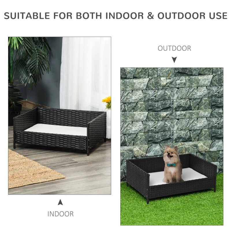 PawHut Rattan Pet Bed Raised Wicker Dog House Small animal Sofa Indoor & Outdoor with Soft Washable Cushion Black