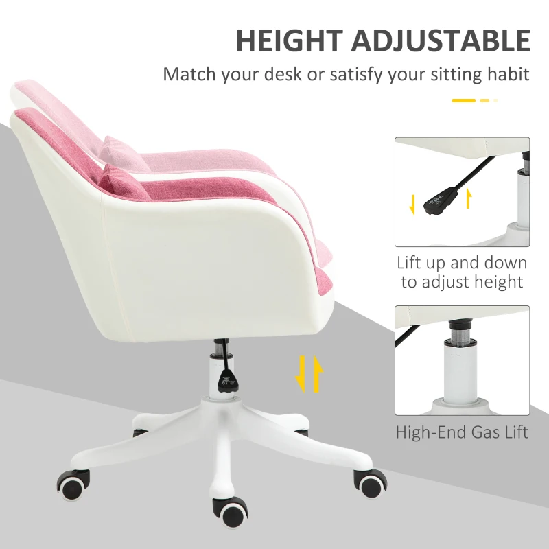 Vinsetto Office Chair, Lumbar Massage Desk Chair with Barrel Chair Armrests, USB Powered Massage, Mid-Back, 360 Swivel, Throw Pillow, Adjustable Height, Pink