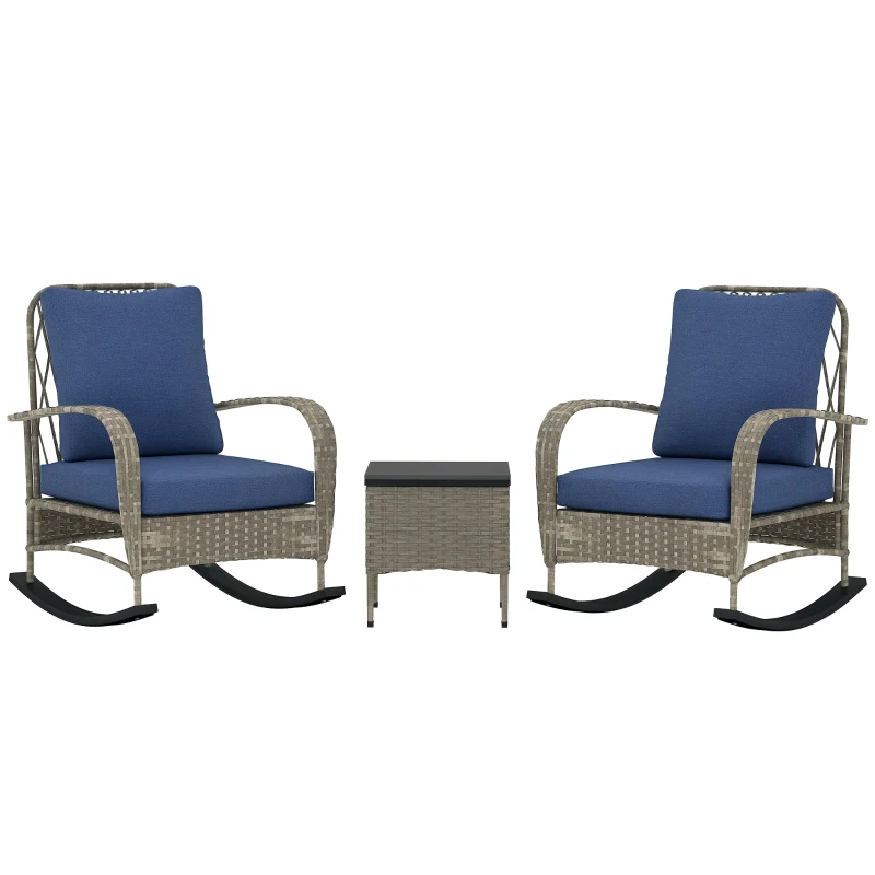 Outsunny 3 Piece Wicker Patio Furniture Set, Outdoor PE Rattan Rocking Chairs with Coffee Table, Cushions for Porch, Gray