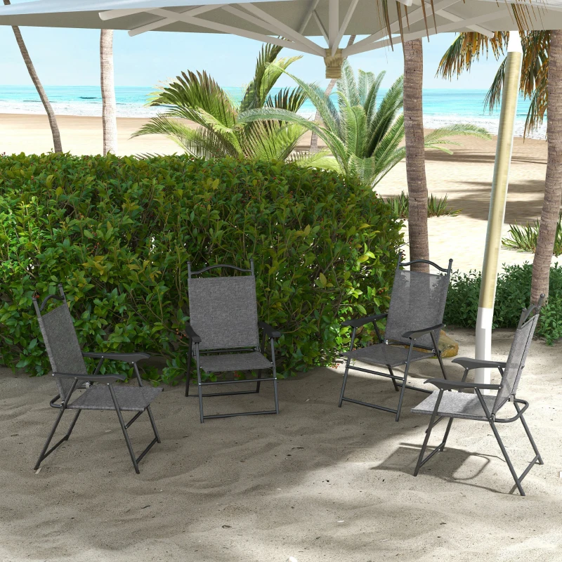 Outsunny 4 Piece Folding Patio Camping Chair Set, Sports Chairs for Adults with Armrests, Mesh Fabric Seat for Lawn, Gray