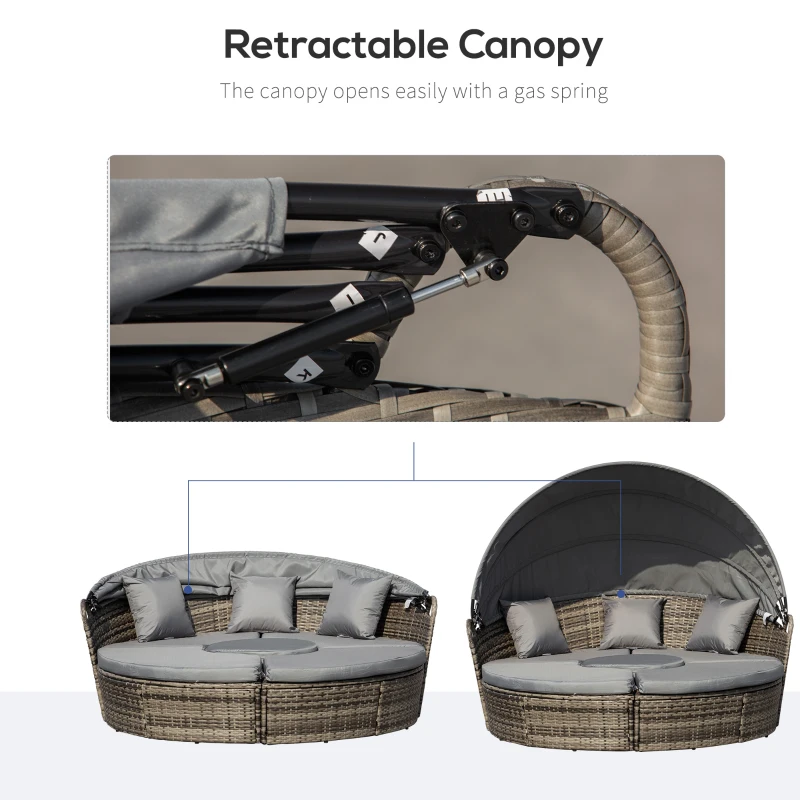 Outsunny 4-Piece Round Convertible Daybed with Cushions, Outdoor PE Rattan Patio Wicker Sofa Set, Dark Gray