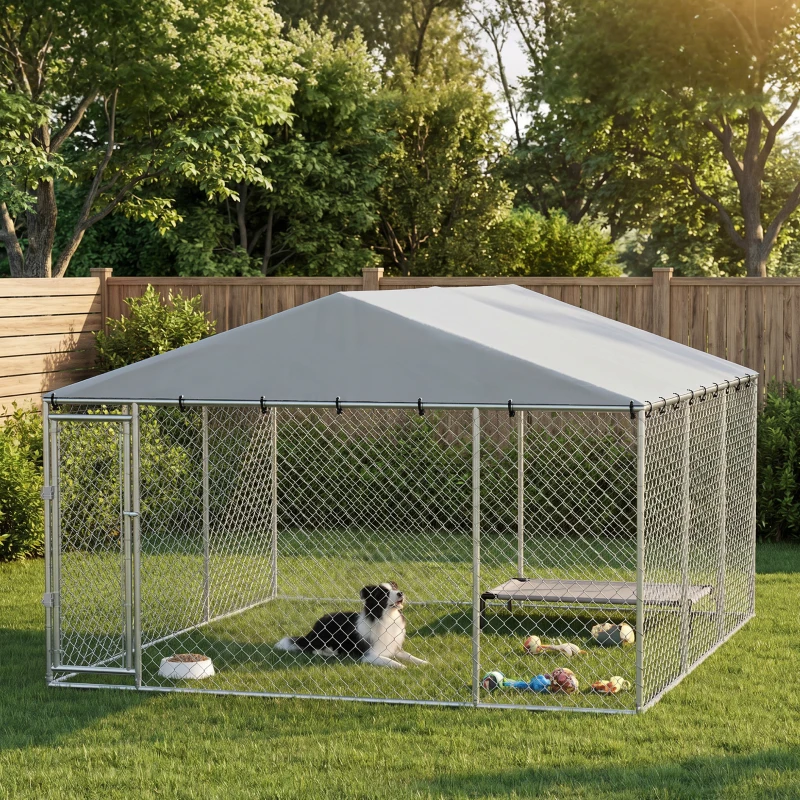 PawHut 13' x 13' x 6.5' Dog Kennel Outdoor for Small Medium Dogs with Waterproof Roof, Silver