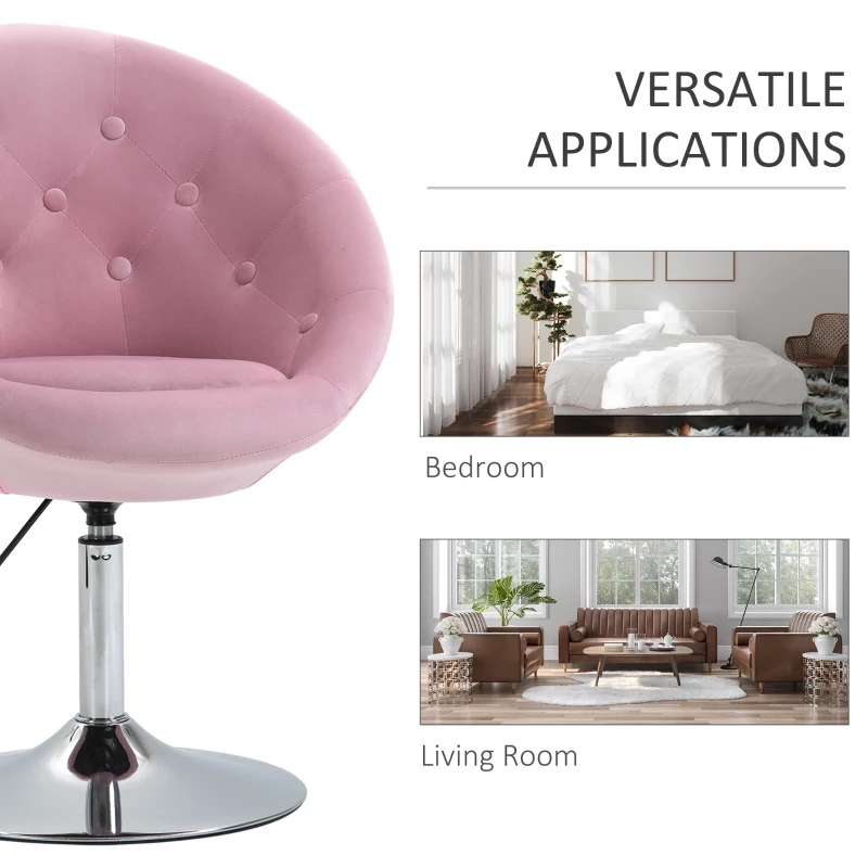 HOMCOM Modern Makeup Vanity Chair Round Tufted Swivel Accent Chair with Chrome Frame Height Adjustable, Pink