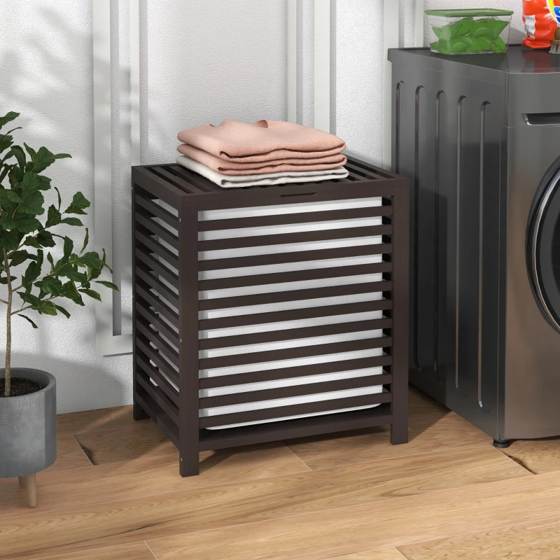 HOMCOM 55 L Bamboo Laundry Basket with Lid, Cloth Hamper with Removable Liner Bag, 19.75 x 14.25 x 23.5 Inches, Coffee