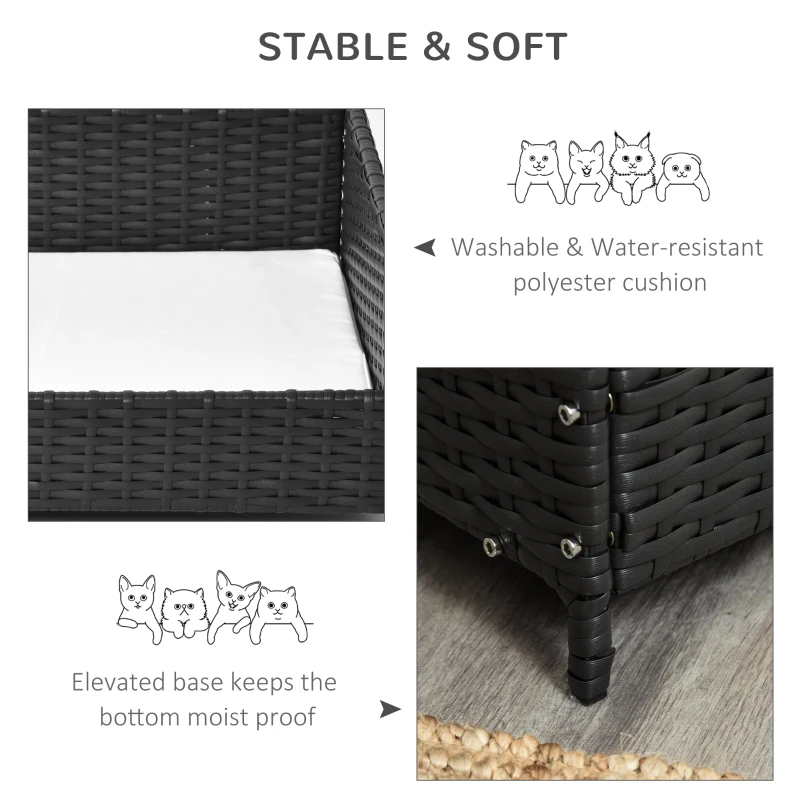 PawHut Rattan Pet Bed Raised Wicker Dog House Small animal Sofa Indoor & Outdoor with Soft Washable Cushion Black