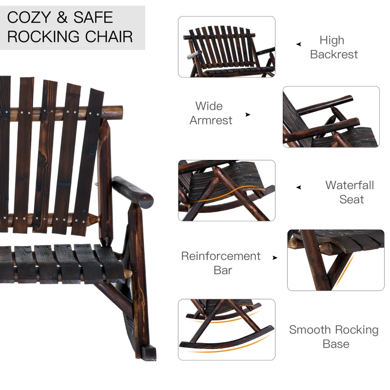 Outsunny Wooden Porch Rocking Chair, Wood Double Adirondack, Rocker for Indoor or Outdoor with High Rise Slatted Back, Carbonized