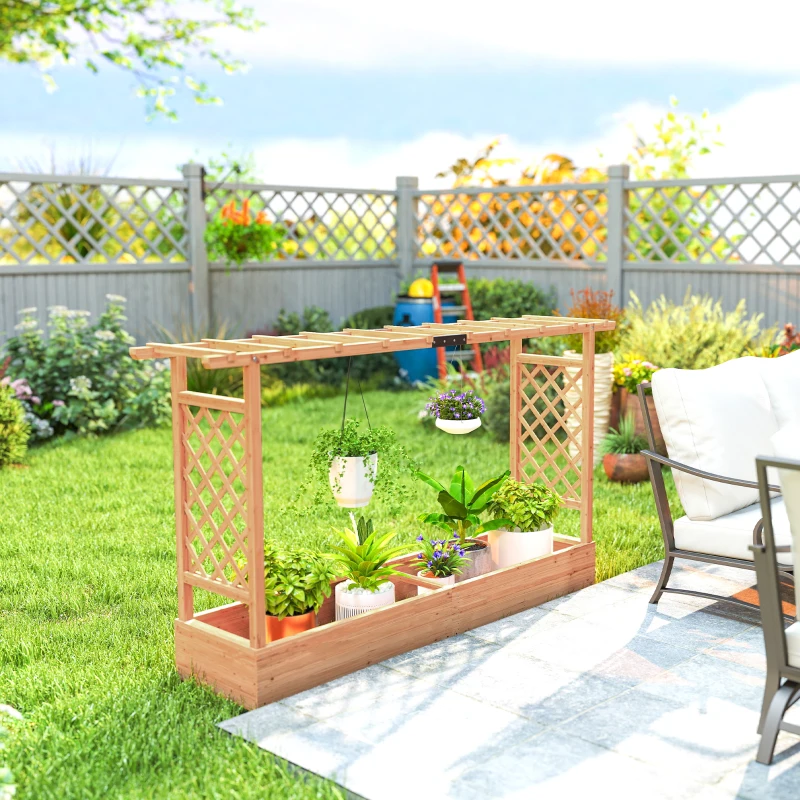 Outsunny Wooden Planter Box with Trellis, Hanging Roof and Drainage Holes for Climbing Plants, Vegetables, Herbs and Flowers