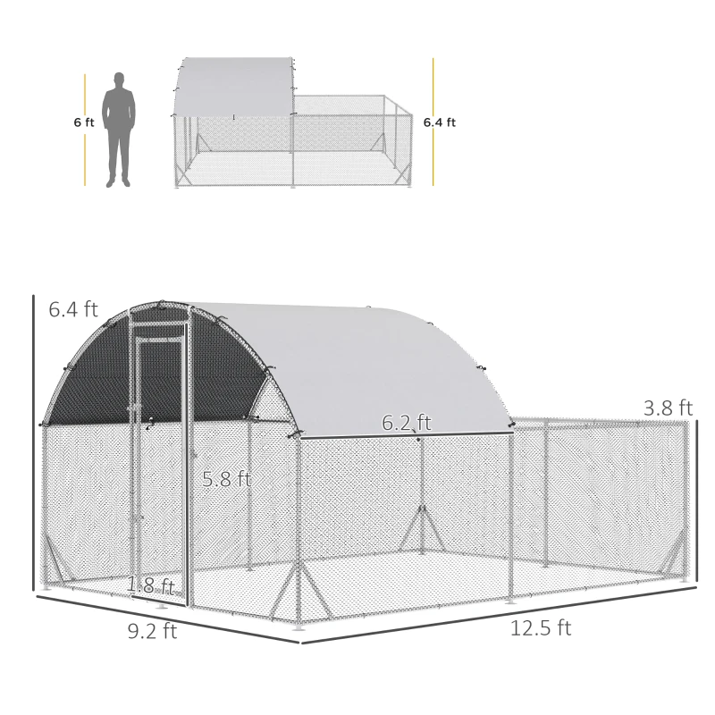 PawHut Large Chicken Coop Metal Chicken Run for Chickens with Waterproof and Anti-UV Cover, Dome Shaped Walk in Fence Cage Hen House for Outdoor and Yard Farm Use, 1" Dia, 12.5' x 9.2' x 6.4'