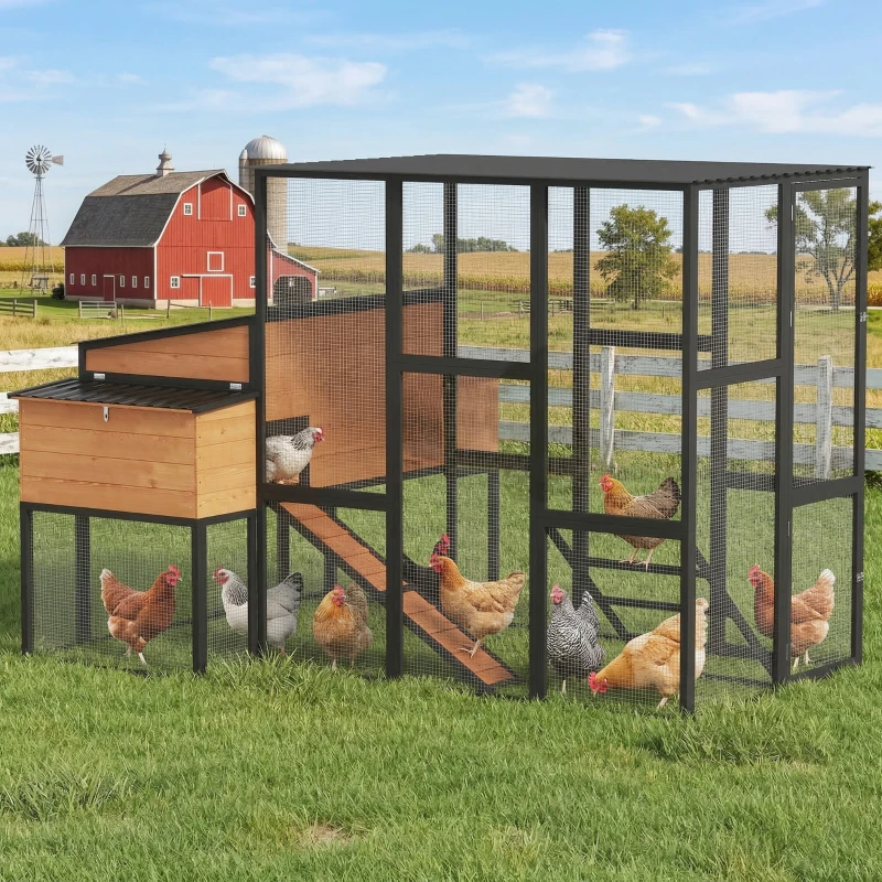 PawHut 105" Large Chicken Coop, Walk-in Wooden Hen House for 7-12 Hens, Poultry Cage Chicken House with Run, 2 Nesting Boxes