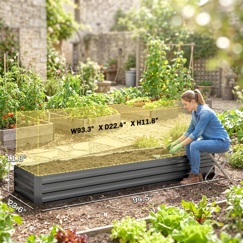 Outsunny 8x2x1ft Galvanized Raised Garden Bed Kit with Safety Edging for Flowers, Herbs and Vegetables, Dark Gray