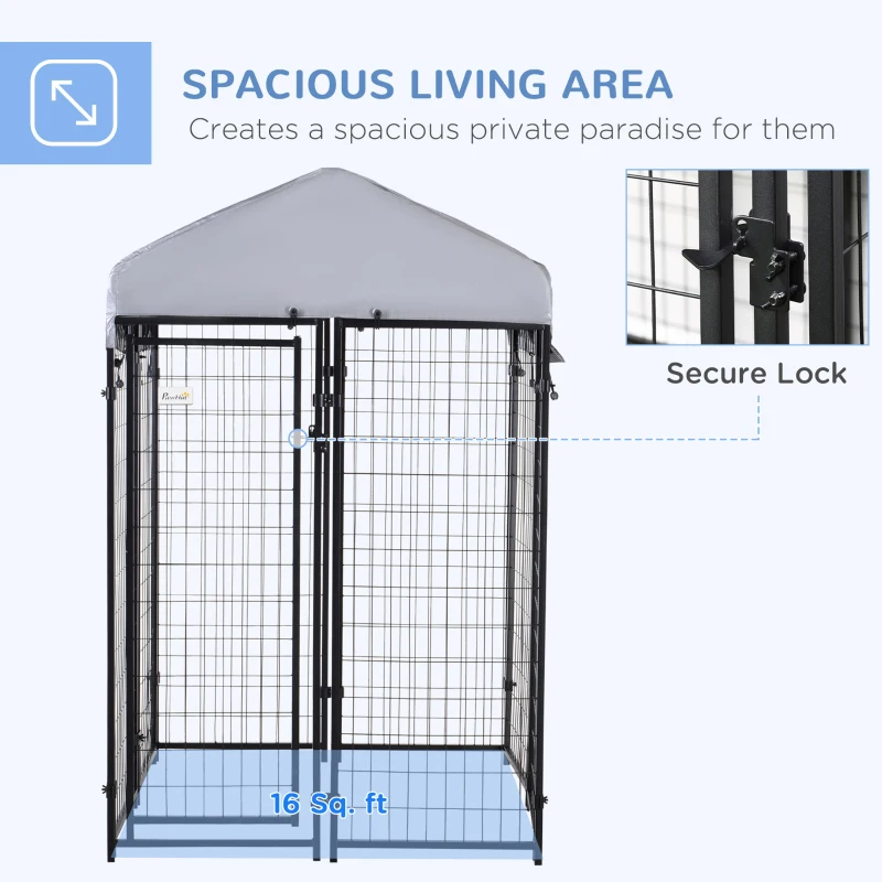 PawHut Outdoor Dog Kennel with Roof, 4' x 4' x 6' Heavy Duty Welded Wire Dog Playpen Enclosure with Lock, UV-Resistant & Water-Resistant Cover, for Medium Dogs, Chickens, Ducks, Silver