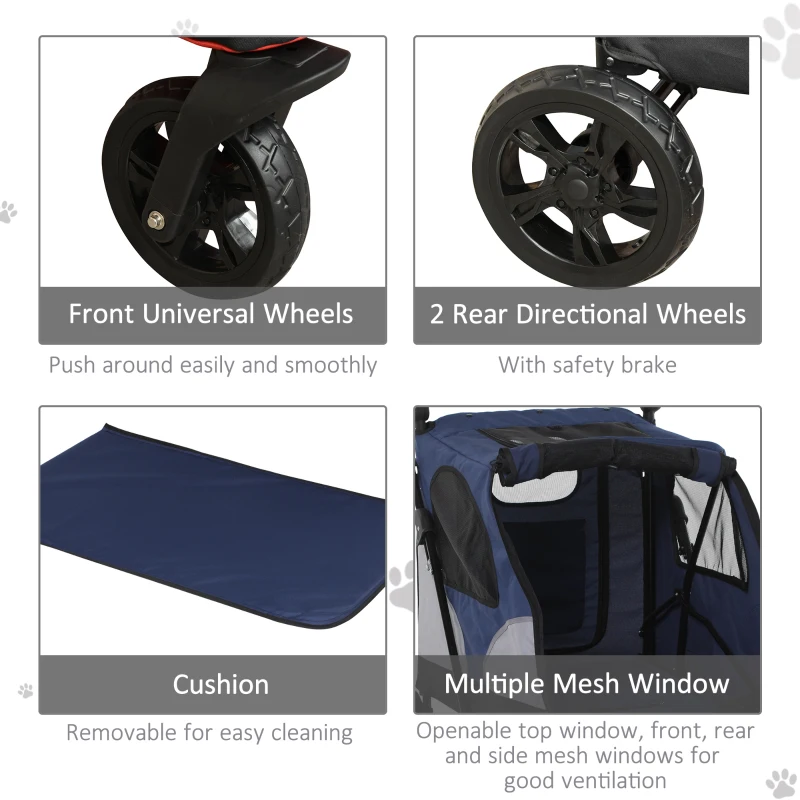PawHut Pet Stroller Foldable Dog Cat Carriage with Adjustable Handlebar Brake, Storage Bag, Mesh Window, Safety Leash, Blue