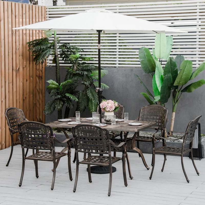 Outsunny 7-Piece Patio Dining Set, Cast Aluminum Outdoor Furniture Set with 6 Armchairs, 1 Table and Umbrella Hole, Bronze