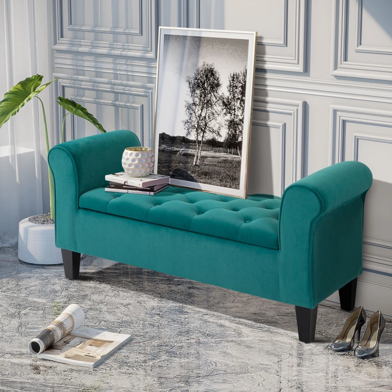 HOMCOM Button-Tufted Storage Ottoman Bench, Upholstered Bench with Rolled Armrests for Living Room or Hallway, Green