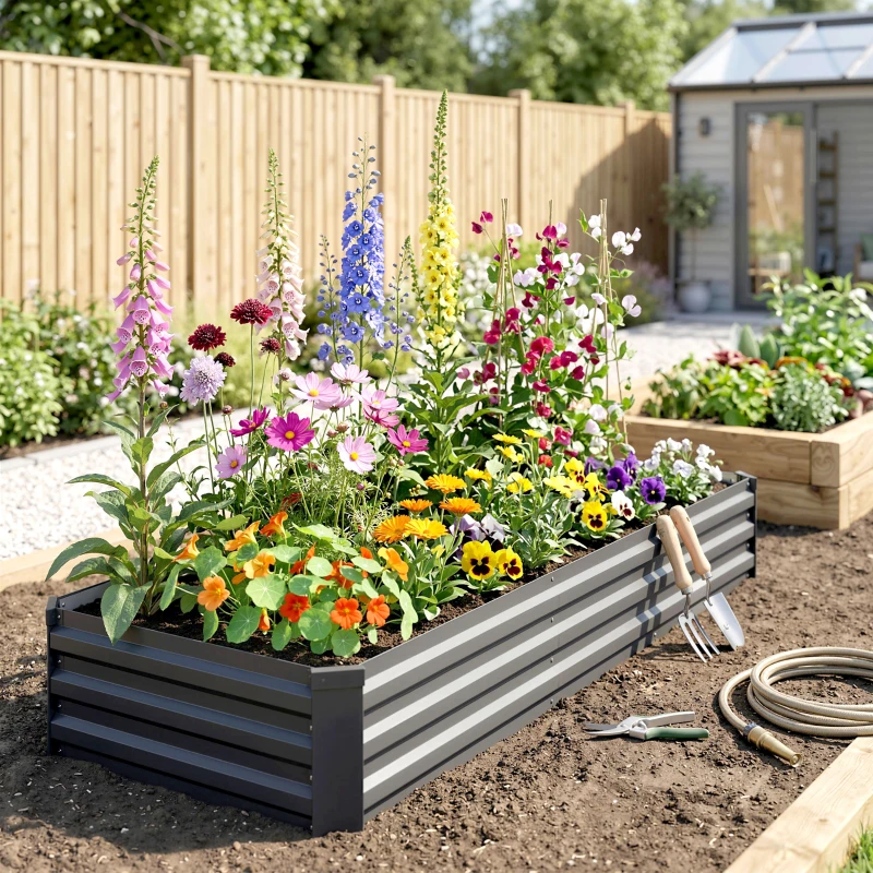 Outsunny 8x2x1ft Galvanized Raised Garden Bed Kit with Safety Edging for Flowers, Herbs and Vegetables, Dark Gray