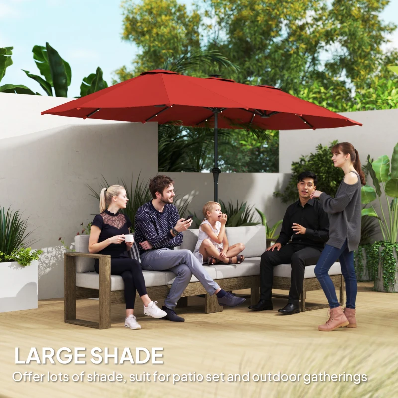 Outsunny 13ft Double-Sided Market Umbrella, Large Patio Umbrella with Solar Lights, Crank Handle for Garden, Pool, Yard, Wine Red