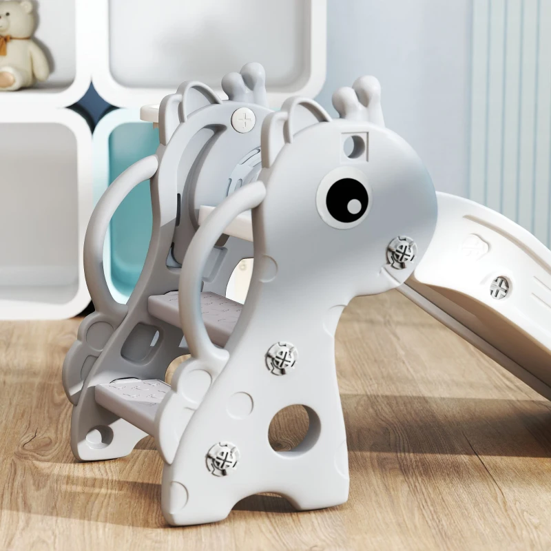 Qaba 3-in-1 Toddler Slide for Age 1-3, Freestanding Kids Slide with Climber, Basketball Hoop and Ball, Giraffe Design, Gray