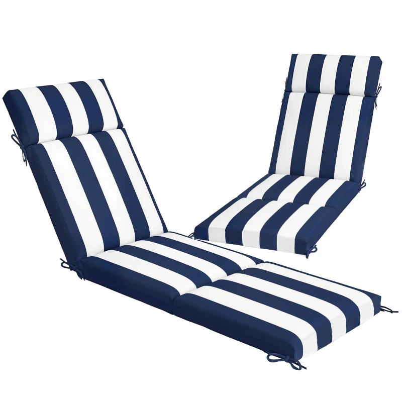 Outsunny Outdoor Chaise Lounge Cushions Set of 2 with 6 Ties, High-Density Foam, for Patio and Poolside, Dark Blue and White