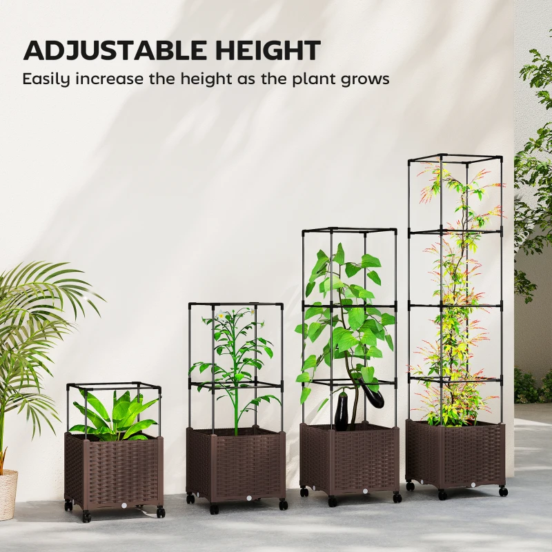 Outsunny Raised Garden Bed with Trellis, Tomato Cage with Lockable Wheels, Self Watering Planter Box with Drainage Holes, Brown