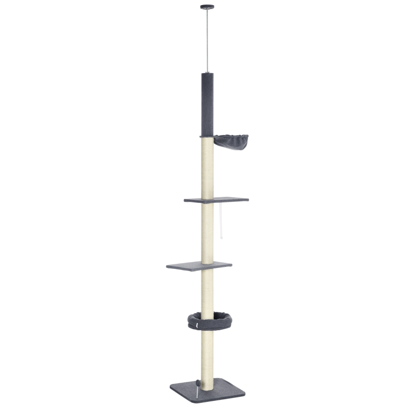PawHut Floor To Ceiling Cat Tree, 5-Tier Cat Climbing Tower, 95''-106'' Height Adjustable with Carpeted Platforms, Cozy Bed