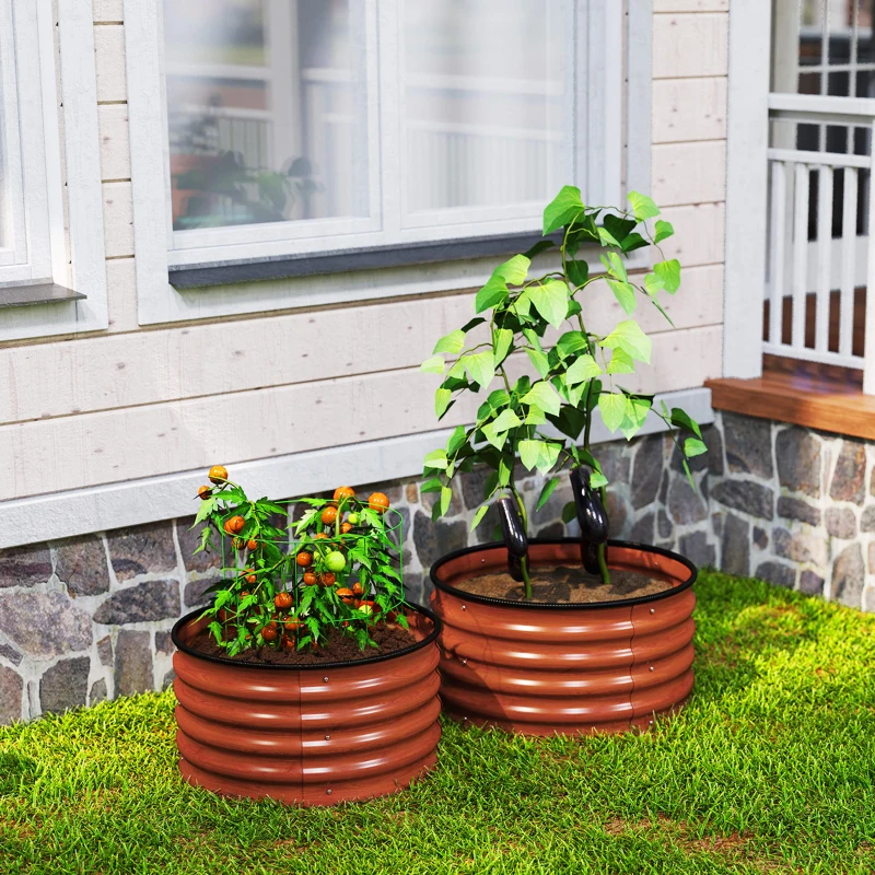 Outsunny Set of 2 Raised Garden Bed, Metal Planter Box with Safety Edging, Easy-to-assemble Stock Tank, Dark Brown