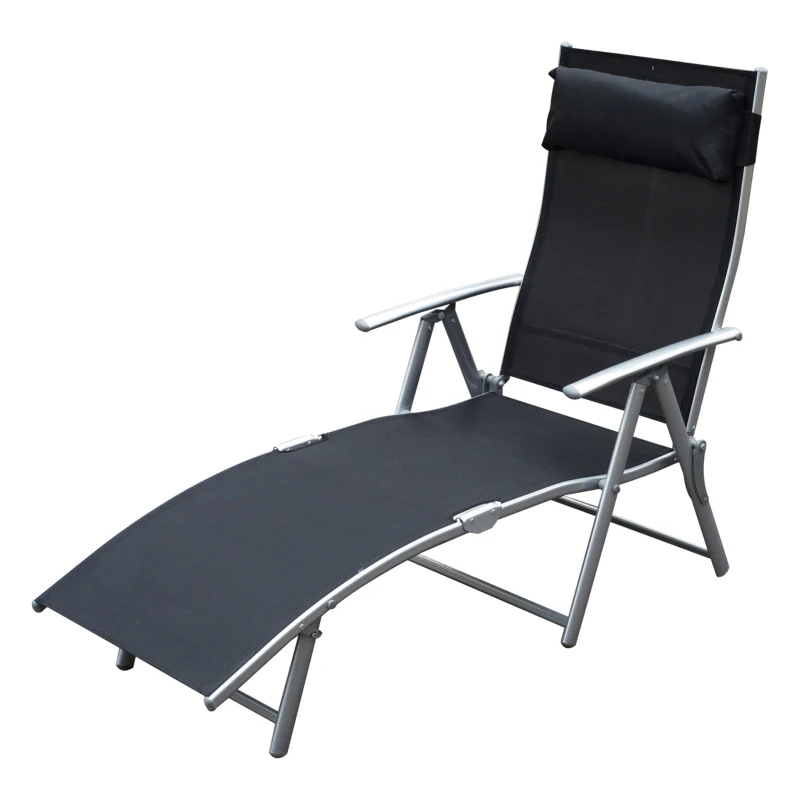Outsunny Chaise Lounge Foldable Outdoor Chair, Portable, 7-Position Adjustable Reclining Tri-fold Chair for Camping, Sunbathing & Tanning at the Beach, Swimming Pool with Pillow, Black